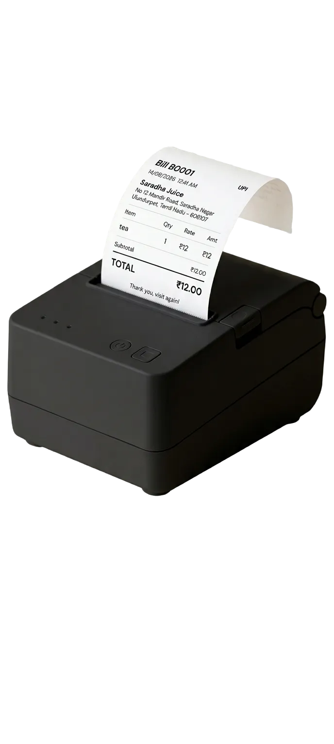 58mm Bluetooth thermal printer printing a BillQ receipt